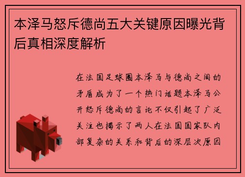 本泽马怒斥德尚五大关键原因曝光背后真相深度解析