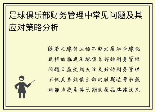 足球俱乐部财务管理中常见问题及其应对策略分析